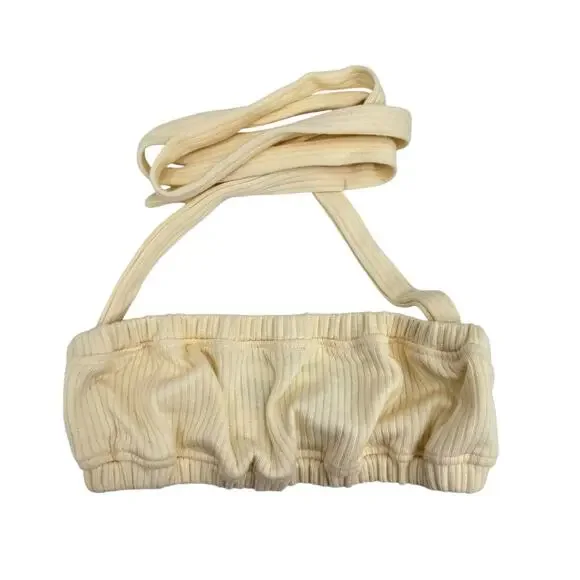 We Wore What NWT Tie Halter Bra Ribbed Ivory Cream Cropped Bandeau Top - Picture 7 of 14